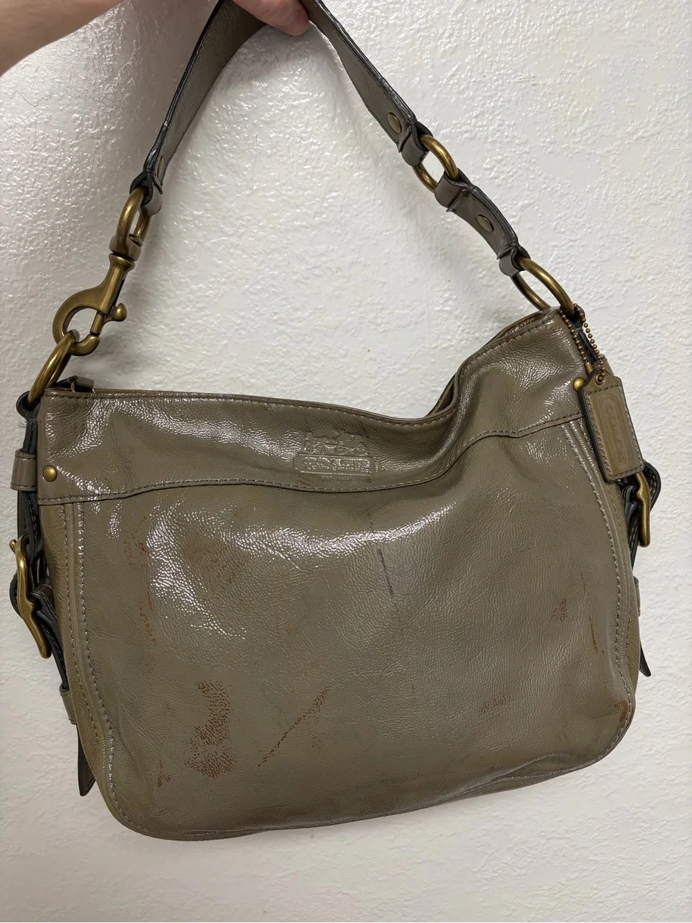 Coach Olive Green Patent Leather Hobo Shoulder Bag with Brass Hardware